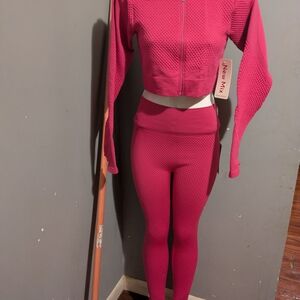 New Mix Hot Pink Textured High-Waist Leggings & Zip Crop Jacket Set